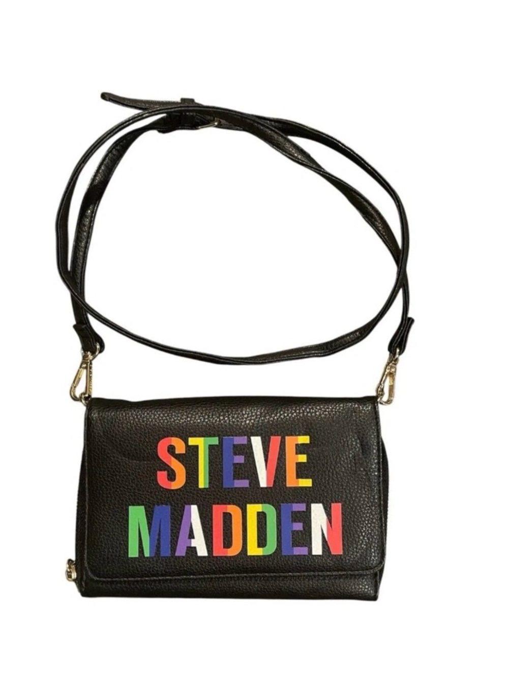 Steve Madden Rainbow Logo Wallet Crossbody Clutch Black Convertible Purse 💛